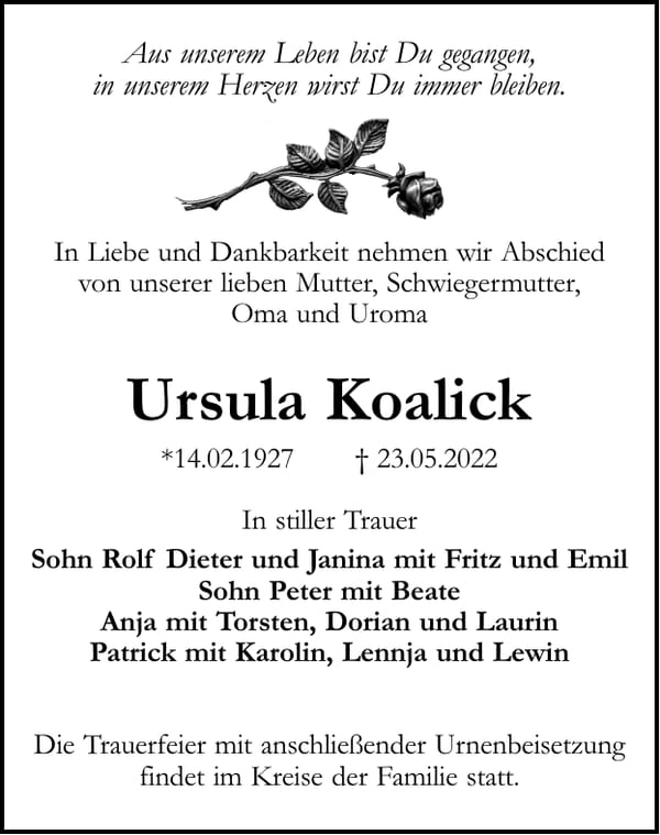 Traueranzeige Ursula Koalick