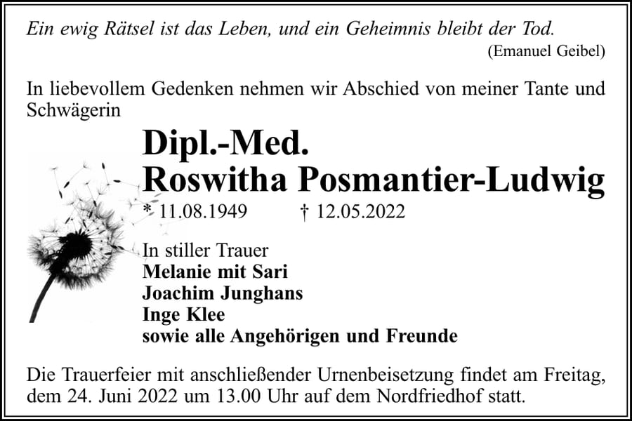 Traueranzeige Dipl.-Med. Roswitha Posmantier-Ludwig