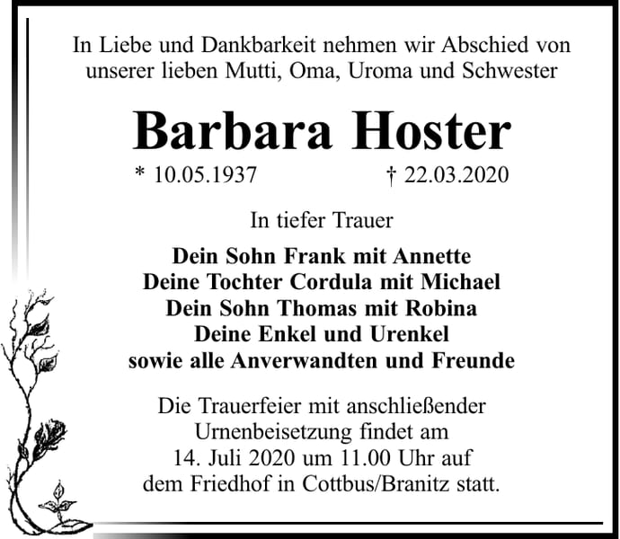 Traueranzeige Barbara Hoster