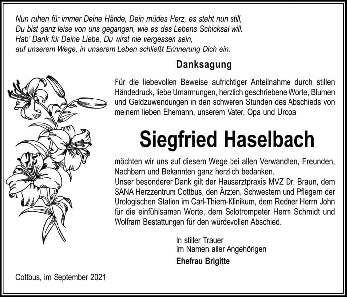 Danksagung Siegfried Haselbach