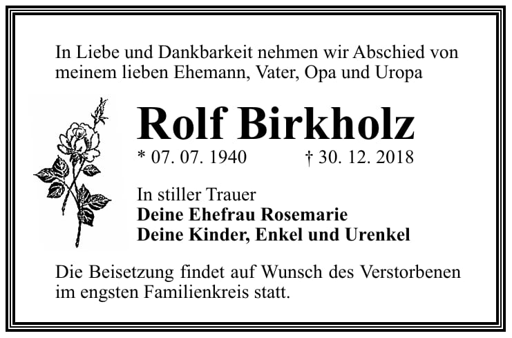 Traueranzeige Rolf Birkholz