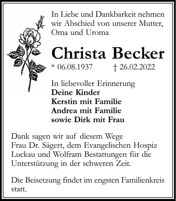 Traueranzeige Christa Becker