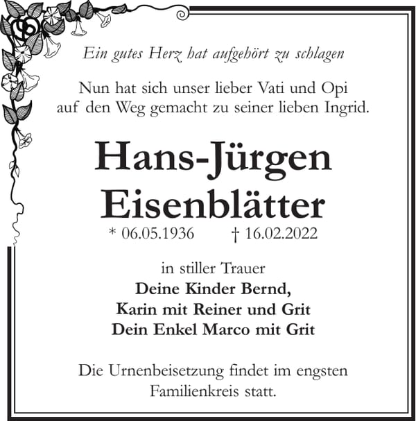 Traueranzeige Hans-Jürgen Eisenblätter