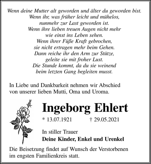 Traueranzeige Ingeborg Ehlert