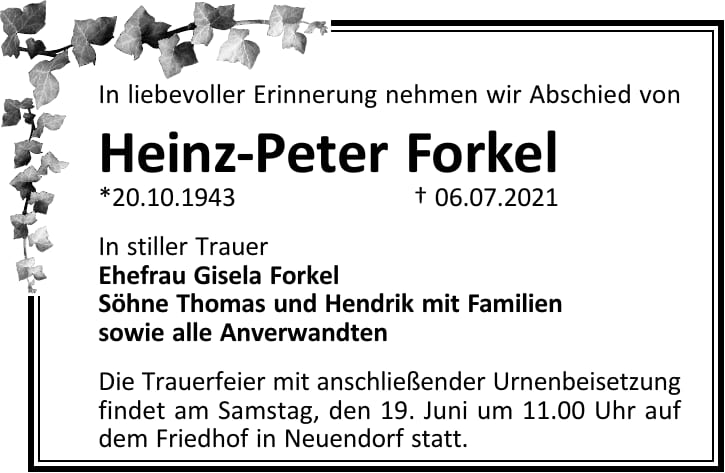 Traueranzeige Heinz-Peter Forkel