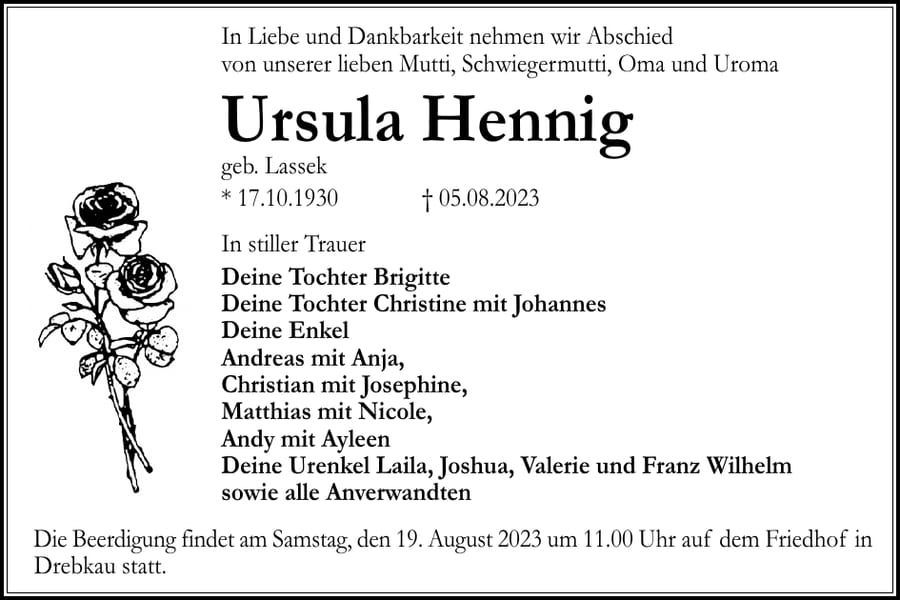 Traueranzeige Ursula Hennig, geb. Lassek