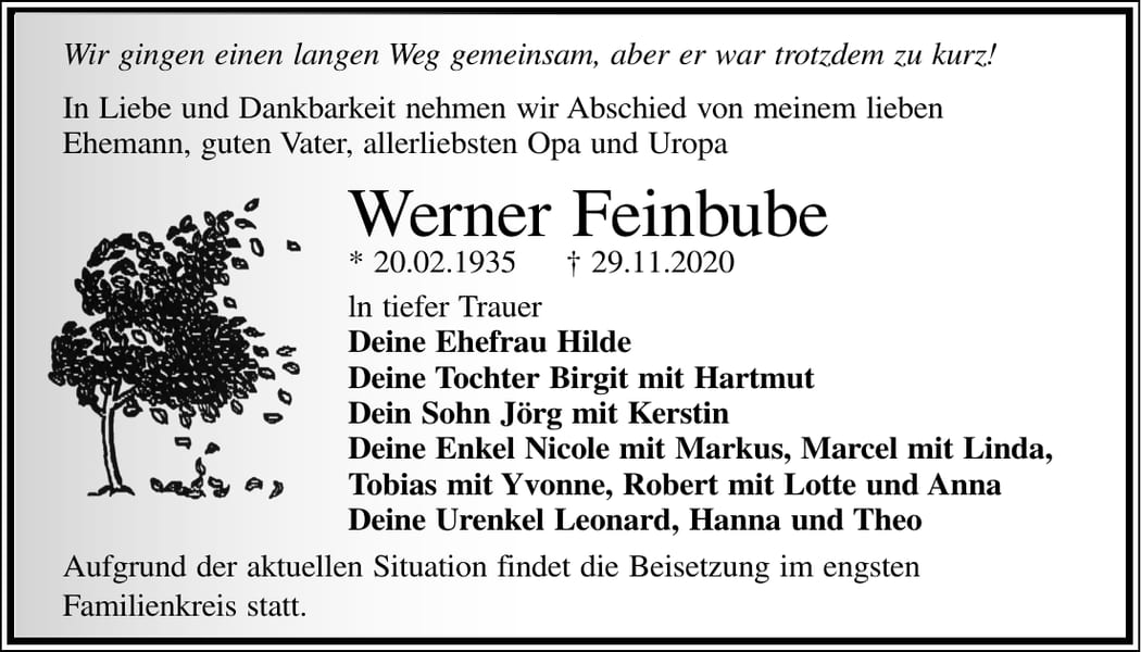 Traueranzeige Werner Feinbube