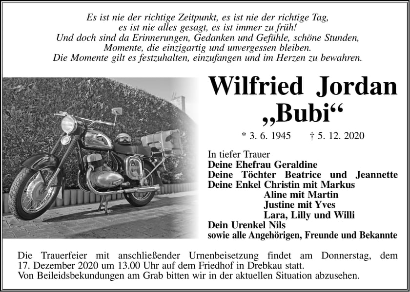 Traueranzeige Wilfried Jordan