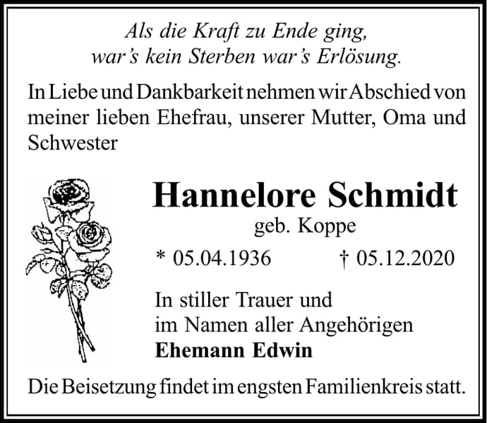 Danksagung Hannelore Schmidt, geb. Koppe