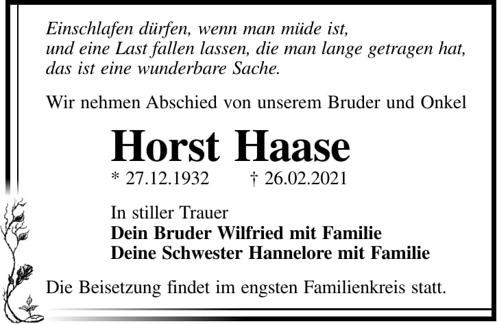 Traueranzeige Horst Haase