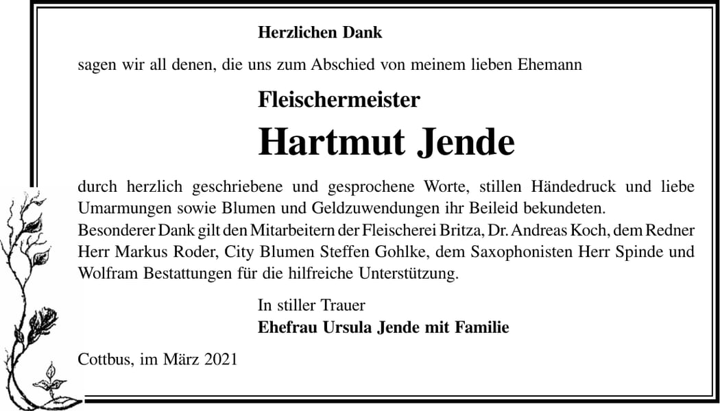 Danksagung Hartmut Jende