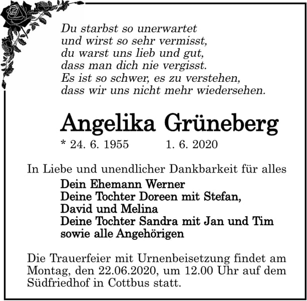 Traueranzeige Angelika Grüneberg
