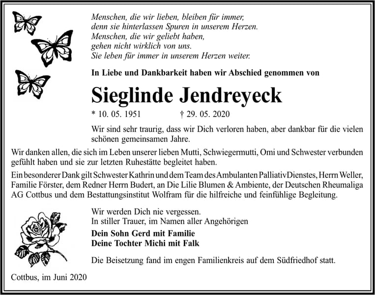 Traueranzeige Sieglinde Jendreyeck