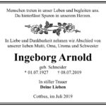 Traueranzeige Ingeborg Arnold, geb. Schneider