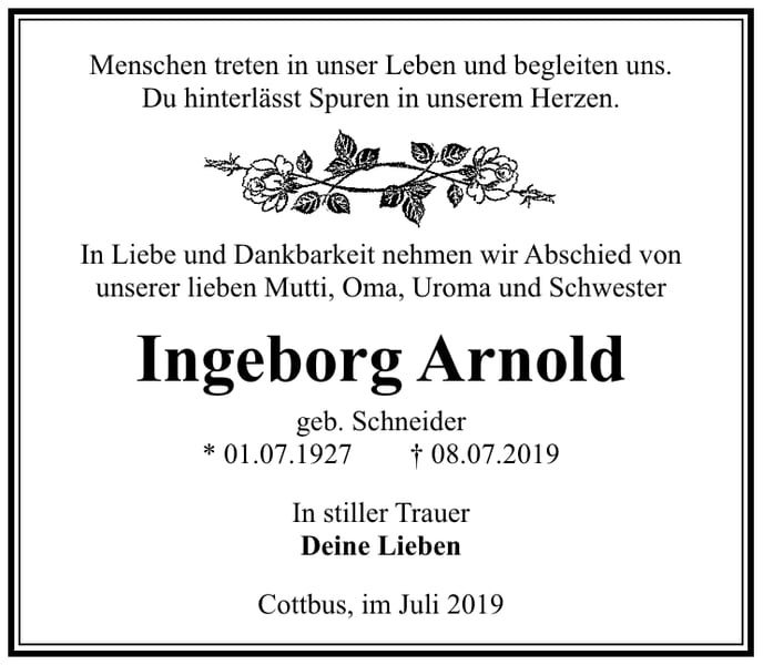 Traueranzeige Ingeborg Arnold, geb. Schneider