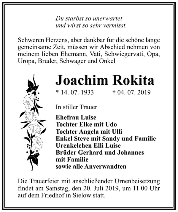 Traueranzeige Joachim Rokita