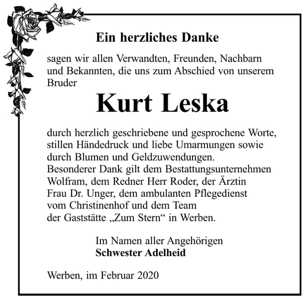 Danksagung Kurt Leska