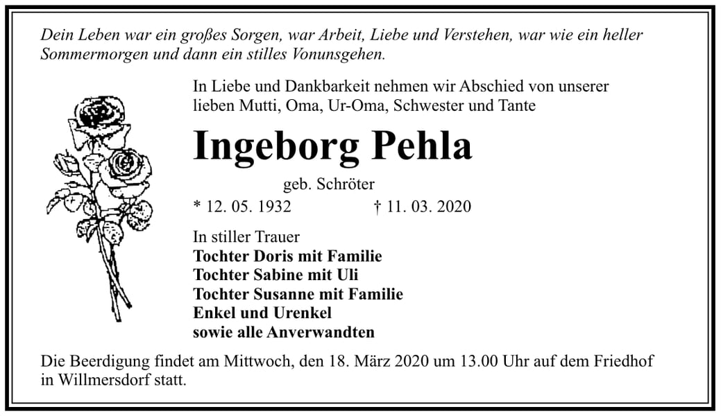 Traueranzeige Ingeborg Pehla, geb. Schröter