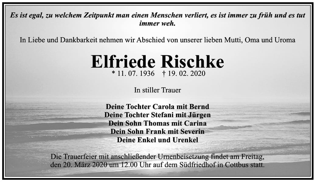 Traueranzeige Elfriede Rischke