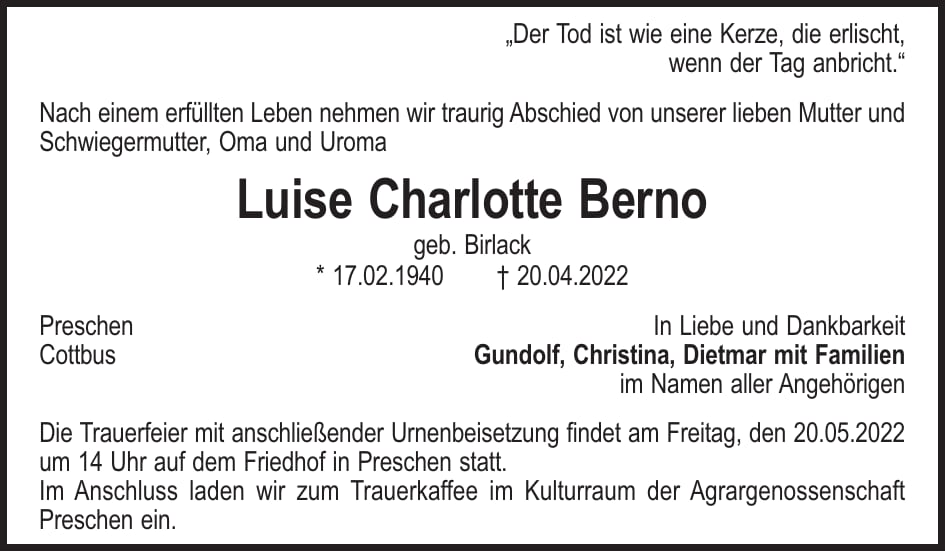 Traueranzeige Luise Charlotte Berno, geb. Birlack