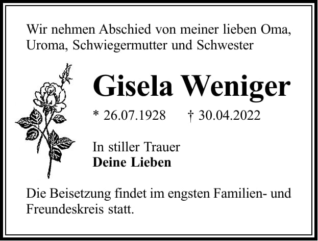 Traueranzeige Gisela Weniger