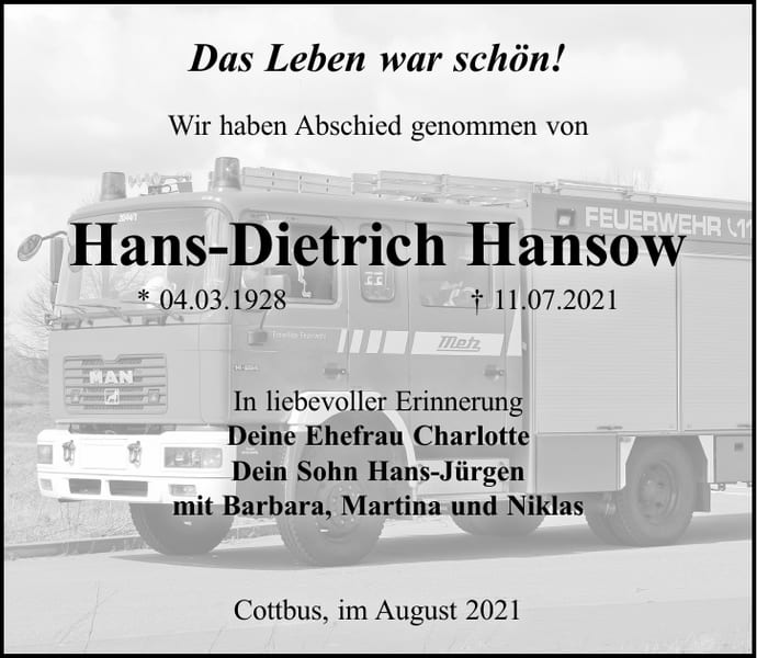 Traueranzeige Hans-Dietrich Hansow
