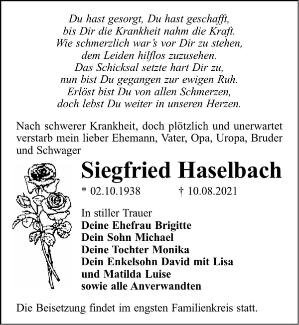 Traueranzeige Siegfried Haselbach