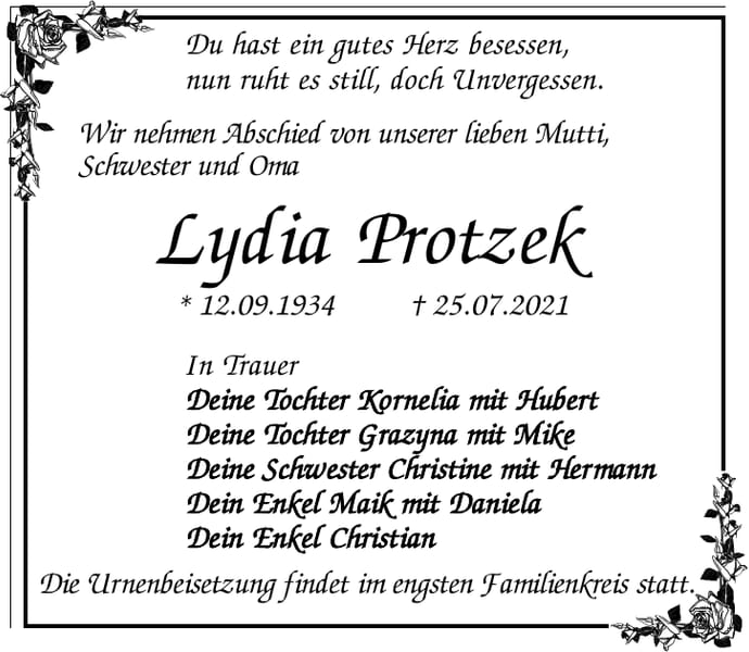 Traueranzeige Lydia Protzek