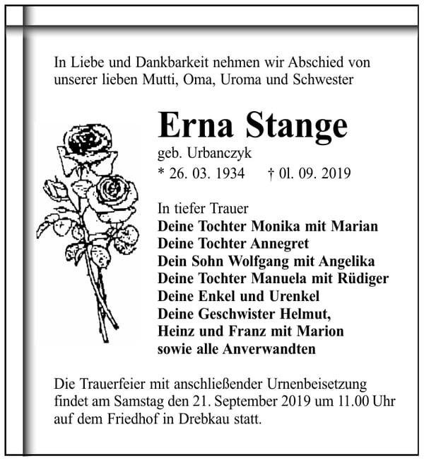 Traueranzeige Erna Stange, geb. Urbanczyk