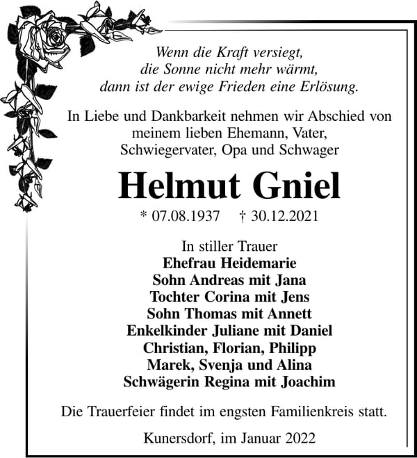 Traueranzeige Helmut Gniel