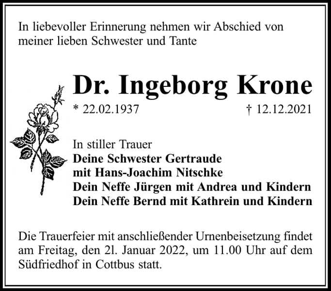 Traueranzeige Dr. Ingeborg Krone