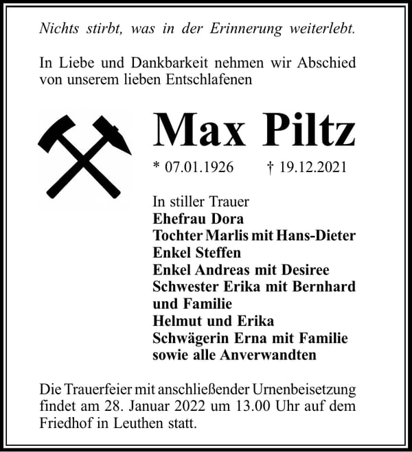 Traueranzeige Max Piltz