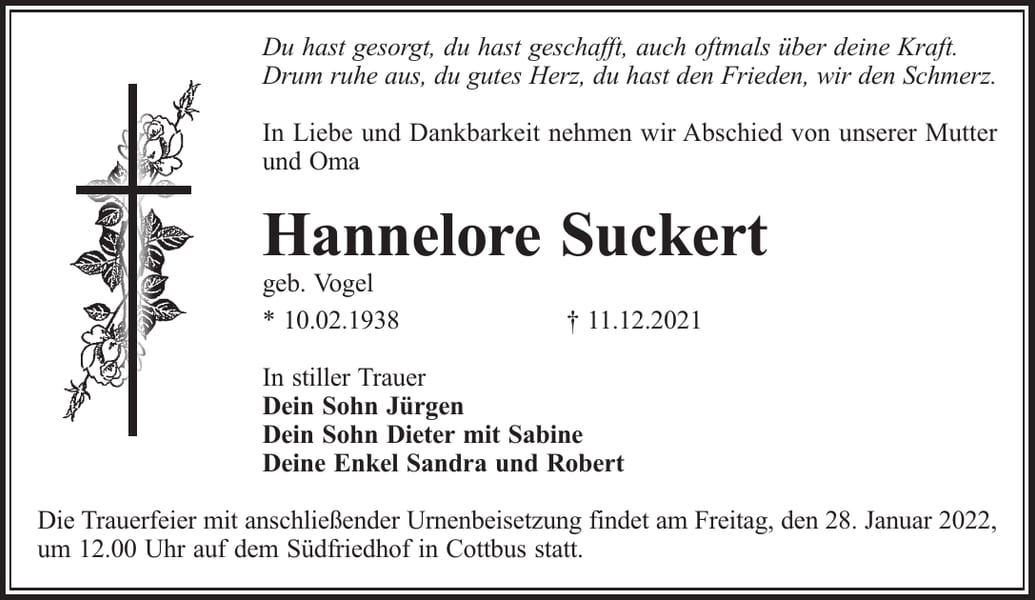 Traueranzeige Hannelore Suckert, geb. Vogel
