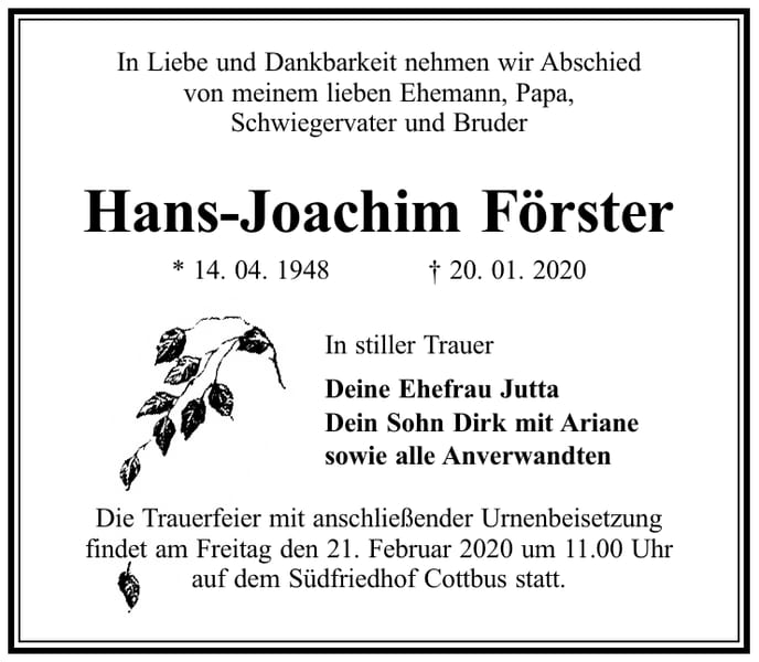 Traueranzeige Hans-Joachim Förster