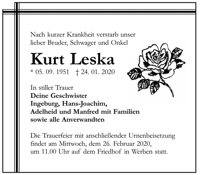 Traueranzeige Kurt Leska