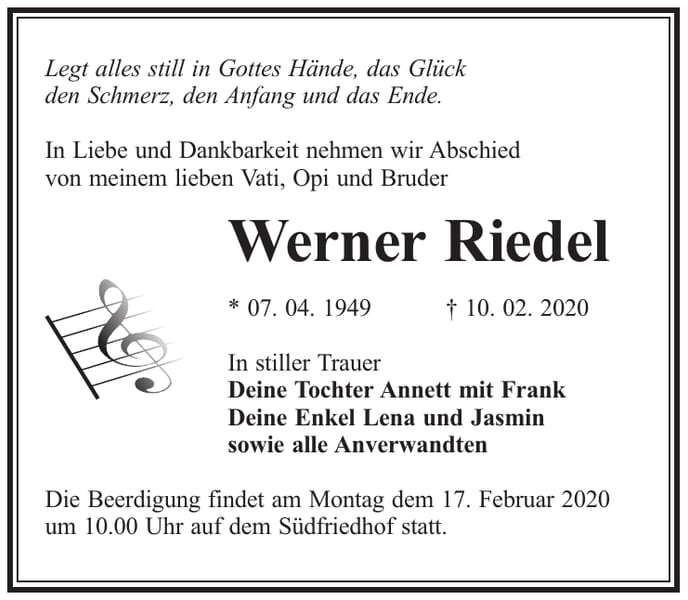 Traueranzeige Werner Riedel