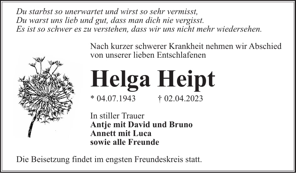 Traueranzeige Helga Heipt