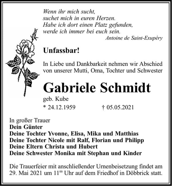 Traueranzeige Gabriele Schmidt, geb. Kube