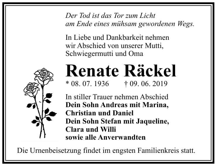Traueranzeige Renate Räckel