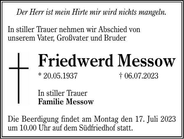 Traueranzeige Friedwerd Messow
