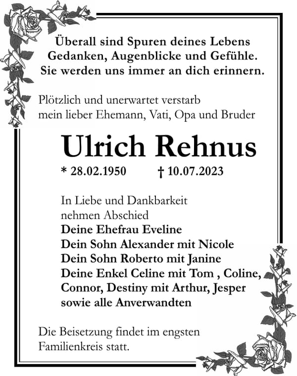 Traueranzeige Ulrich Rehnus