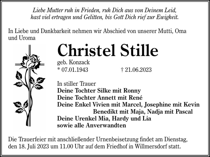 Traueranzeige Christel Stille, geb. Konzack