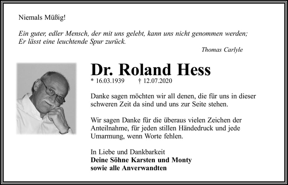 Traueranzeige Dr. Roland Hess