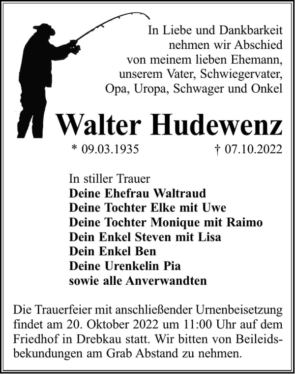 Traueranzeige Walter Hudewenz