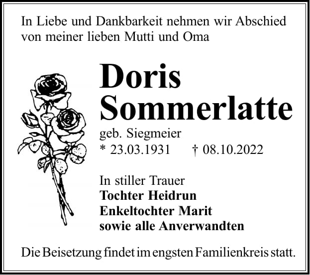 Traueranzeige Doris Sommerlatte, geb. Siegmeier