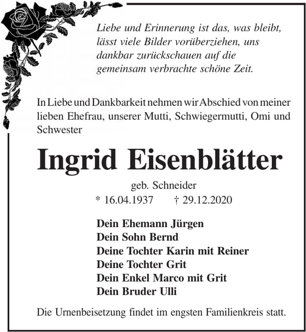 Traueranzeige Ingrid Eisenblätter, geb. Schneider