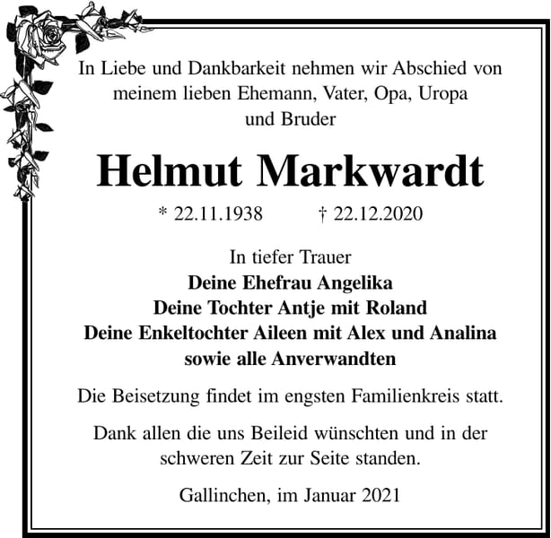 Traueranzeige Helmut Markwardt