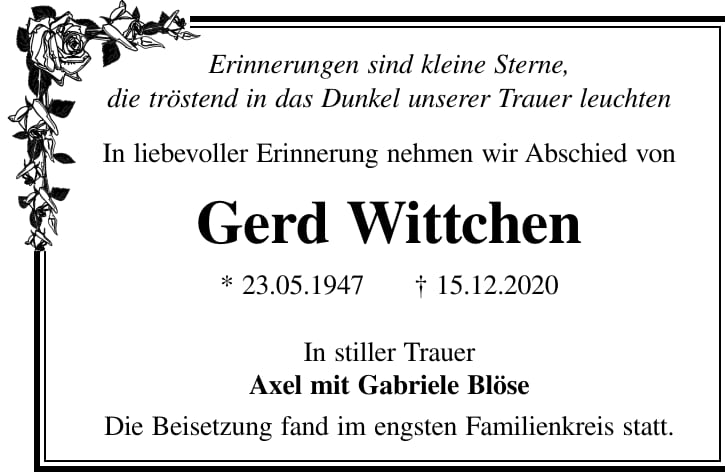Traueranzeige Gerd Wittchen