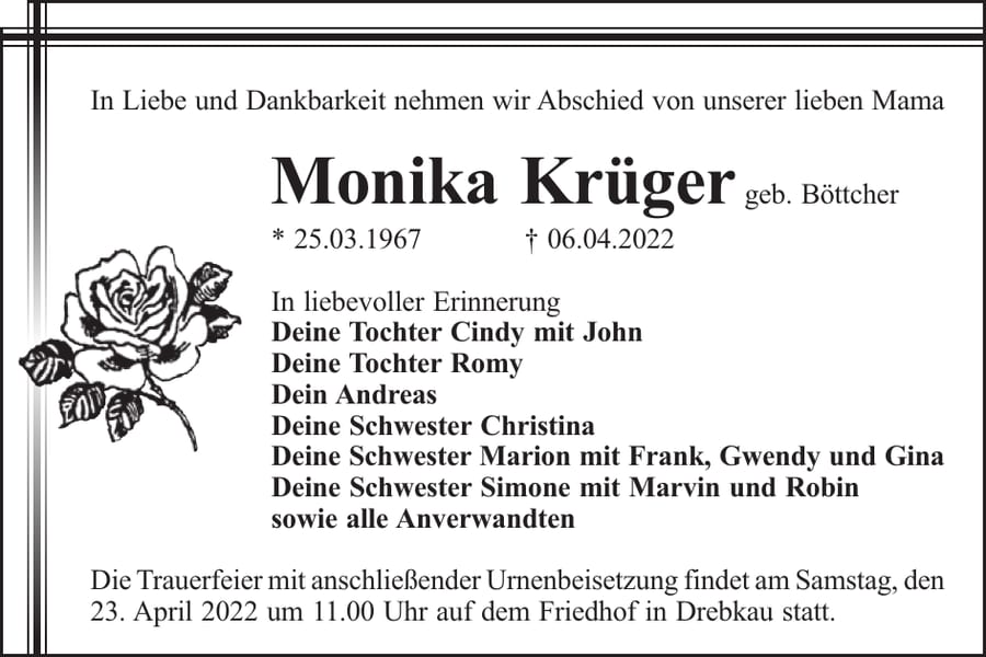 Traueranzeige Monika Krüger, geb. Böttcher