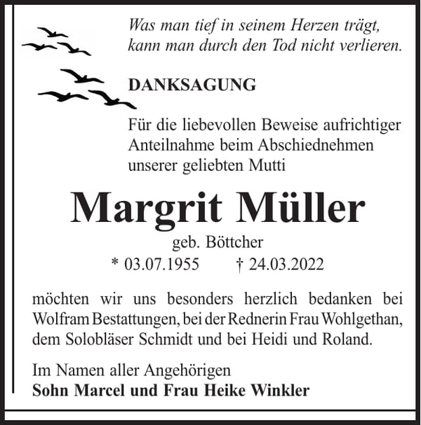 Danksagung Margrit Müller, geb. Böttcher